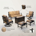 Black Metal Meshed 7 Seat 6-Piece Steel Outdoor Fire Pit Patio Set with Beige Cushions, Black Rectangular Fire Pit Table