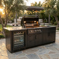 Outdoor Kitchen Island Black Stainless Steel with Sink & 46-Inch 4-Burner 72000 BTU Grill, Wine Cooler, Refrigerator, Rotisserie Kit & Granite Countertops