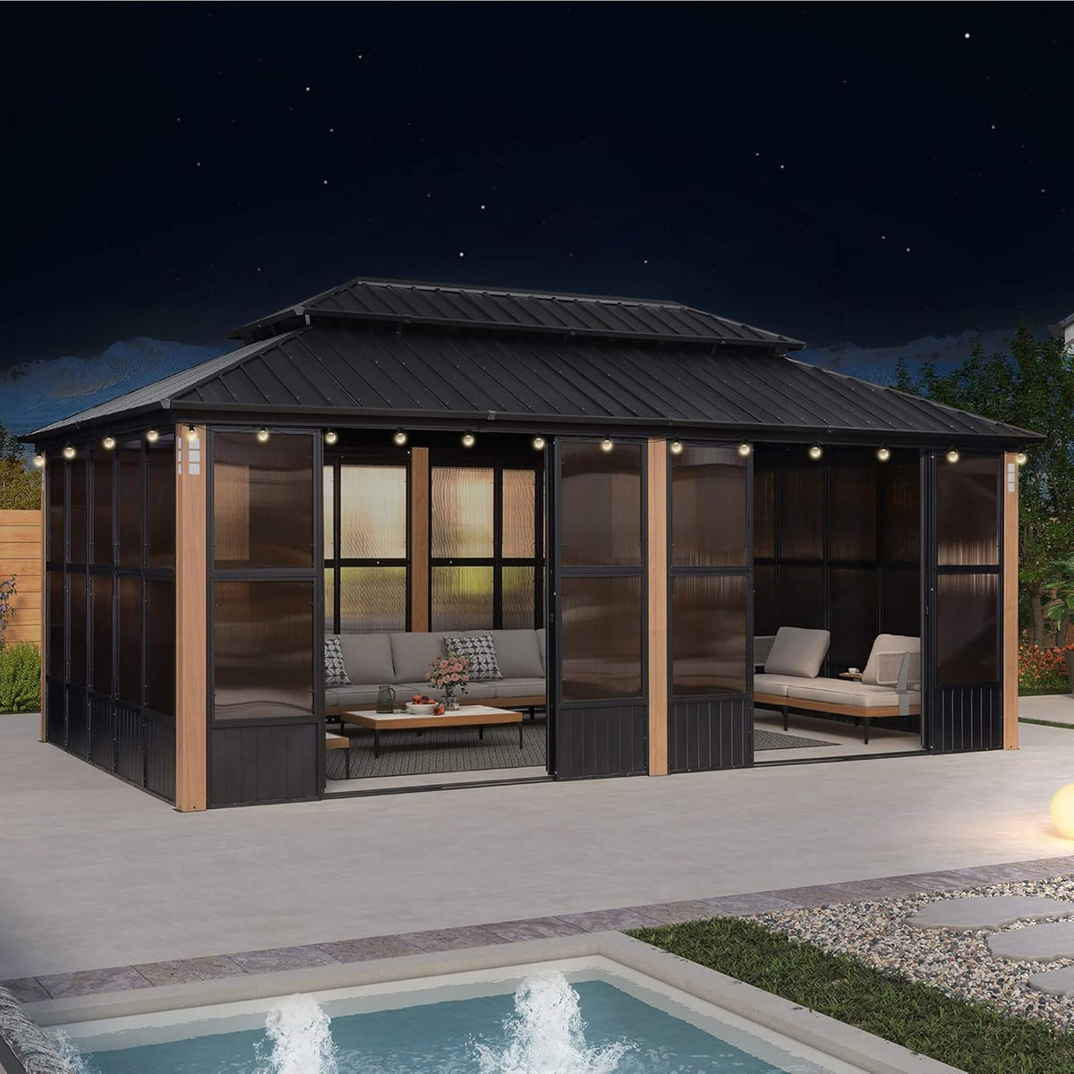 Sonoma All-Weather Hardtop Sunroom Pavilion with LED String Lights & Sliding Doors