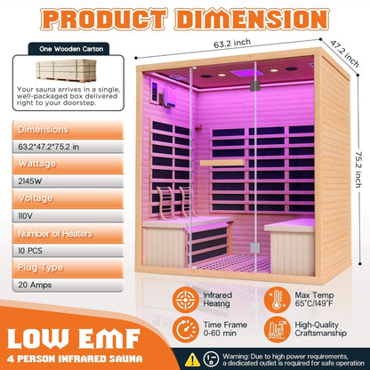 Seville 4-Person Low EMF Canadian Hemlock Indoor Infrared Sauna