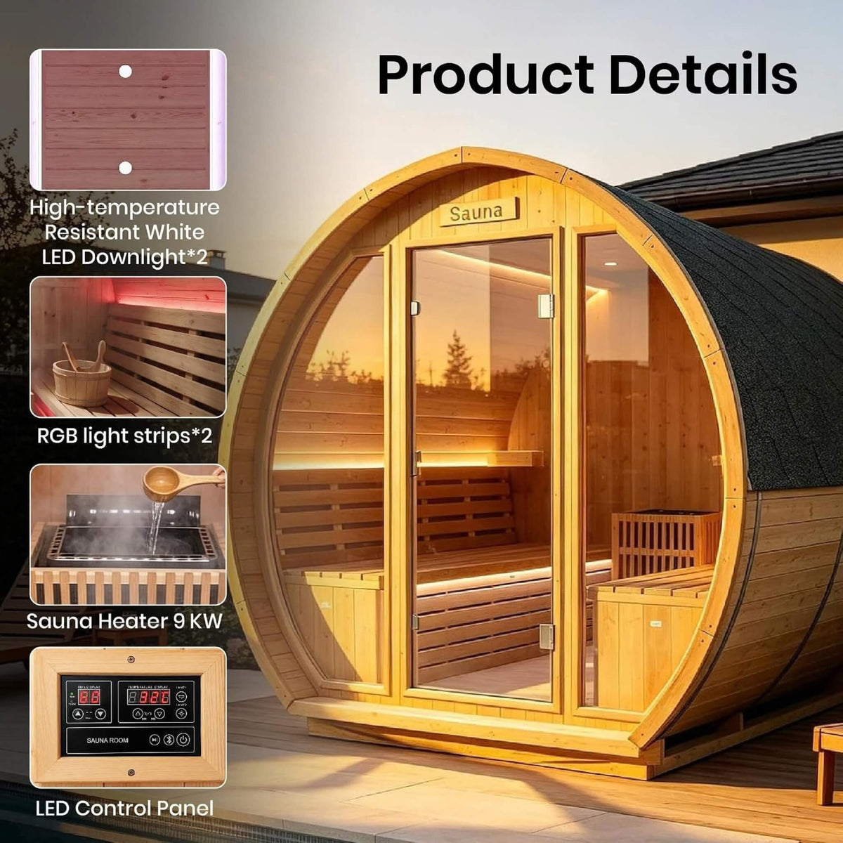 Varenna 6-Person Outdoor Carbonized Spruce Barrel Sauna with 9kW Heater