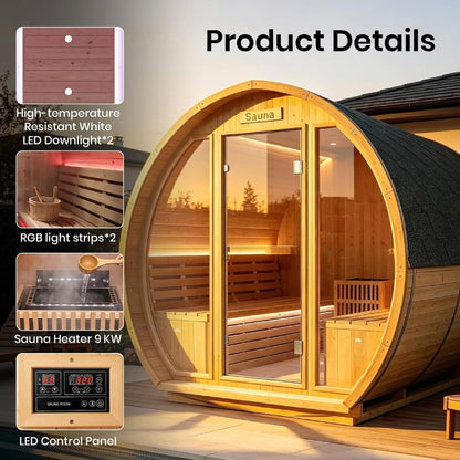 Varenna 6-Person Outdoor Carbonized Spruce Barrel Sauna with 9kW Heater