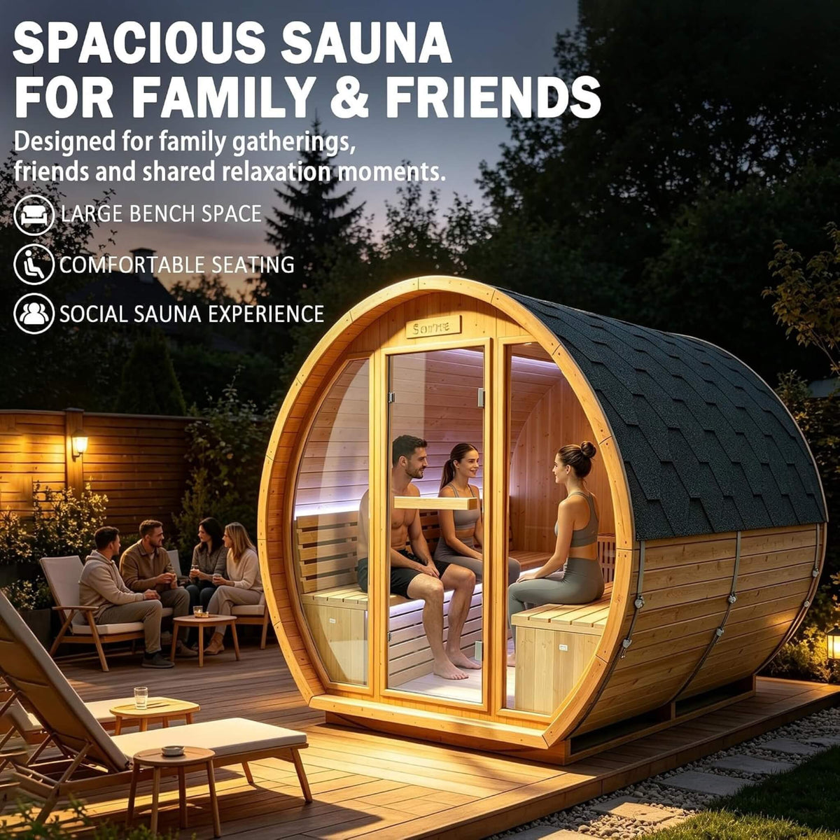 Varenna 6-Person Outdoor Carbonized Spruce Barrel Sauna with 9kW Heater