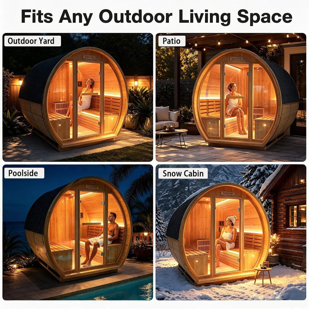 Varenna 6-Person Outdoor Carbonized Spruce Barrel Sauna with 9kW Heater
