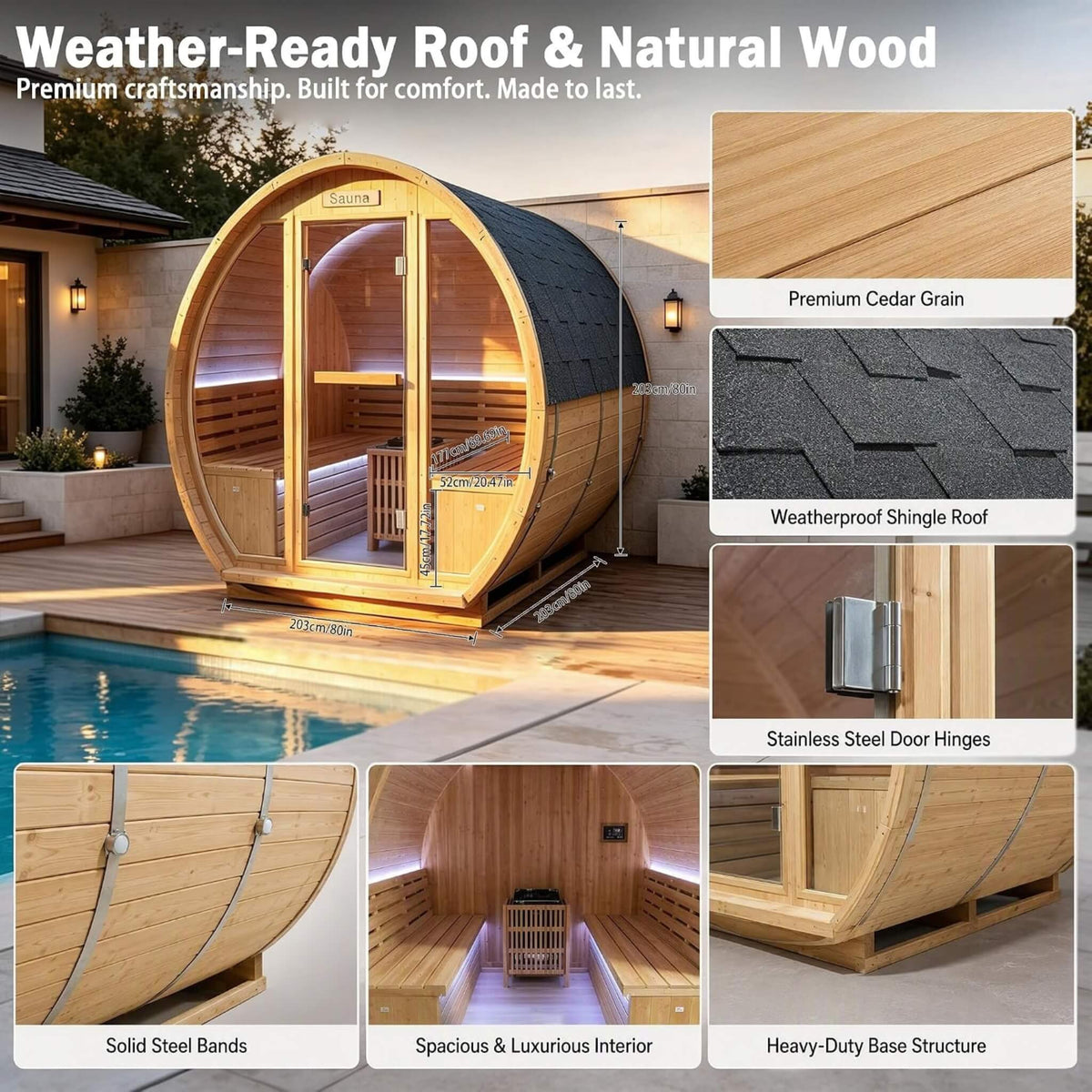 Varenna 6-Person Outdoor Carbonized Spruce Barrel Sauna with 9kW Heater