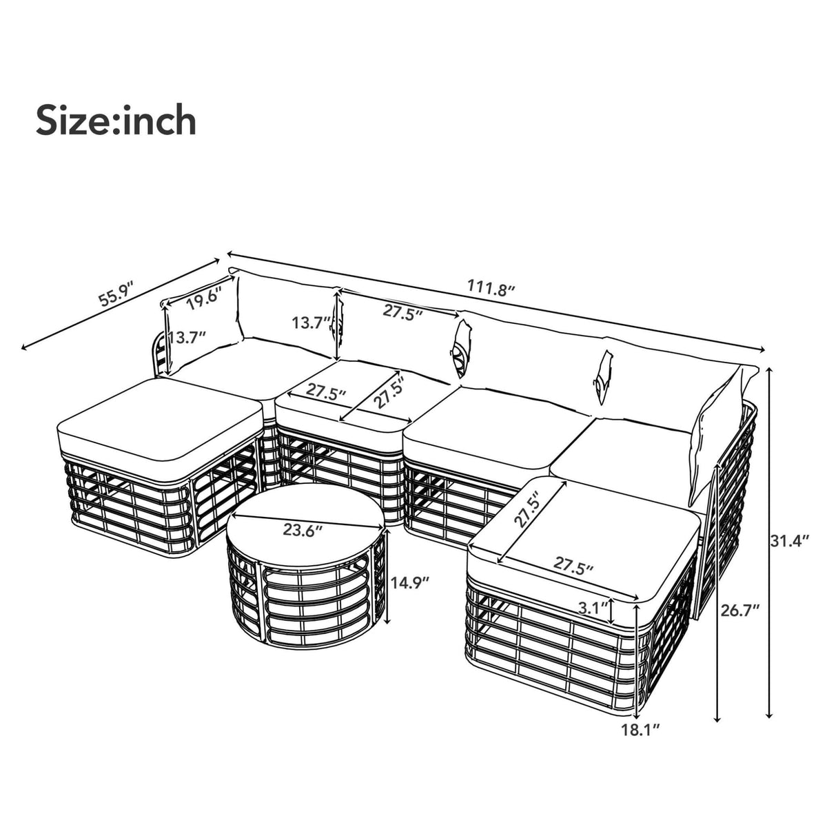 Modern 7-Piece Modular Outdoor Rattan Sofa Set