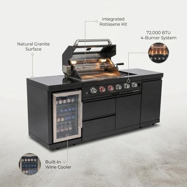 Outdoor Kitchen Island Black Stainless Steel with Sink & 46-Inch 4-Burner 72000 BTU Grill, Wine Cooler, Refrigerator, Rotisserie Kit & Granite Countertops