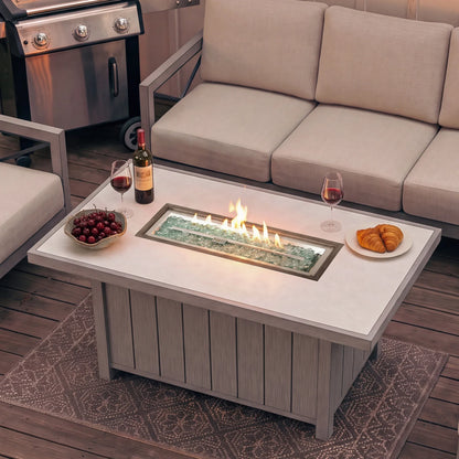 Marindo 8-Person Dual Sofa Fire Faux-Wood Table Set with 50,000 BTU Fire Pit