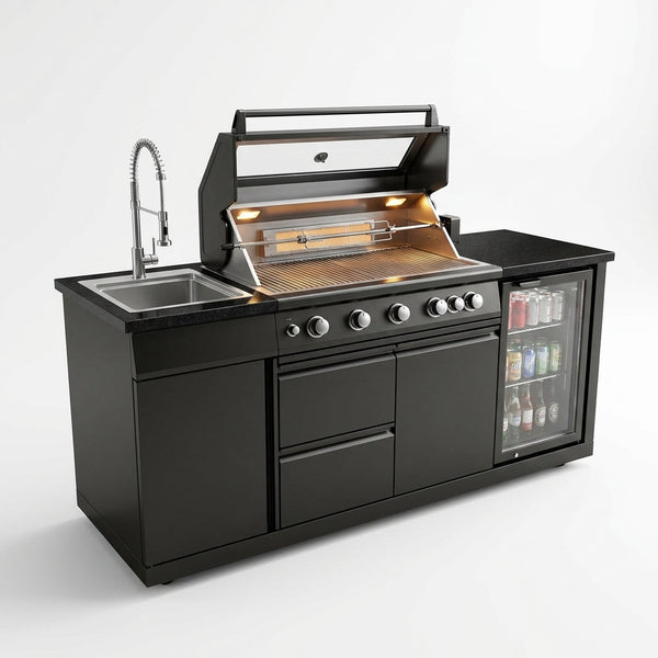 Outdoor Kitchen Island Black Stainless Steel with Sink & 46-Inch 4-Burner 72000 BTU Grill, Wine Cooler, Refrigerator, Rotisserie Kit & Granite Countertops — Studio Shot