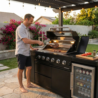 Outdoor Kitchen Island Black Stainless Steel with Sink & 46-Inch 4-Burner 72000 BTU Grill, Wine Cooler, Refrigerator, Rotisserie Kit & Granite Countertops — Lifestyle