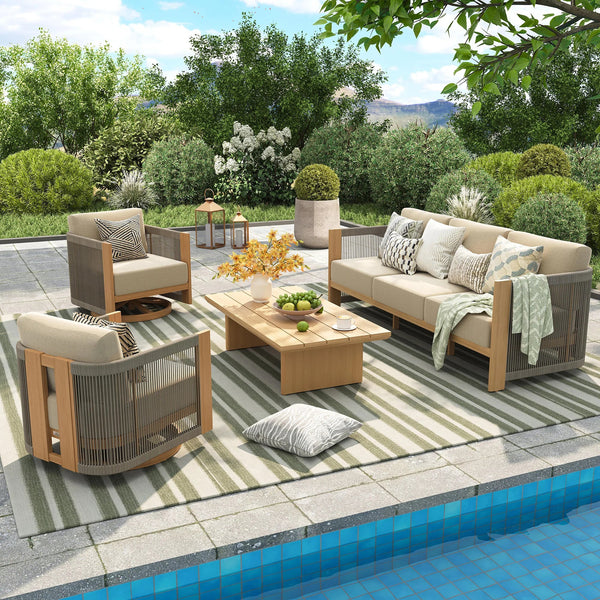 Positano 4-Piece Teak-Finish Olefin Rope Swivel Lounge Set with 52" Table