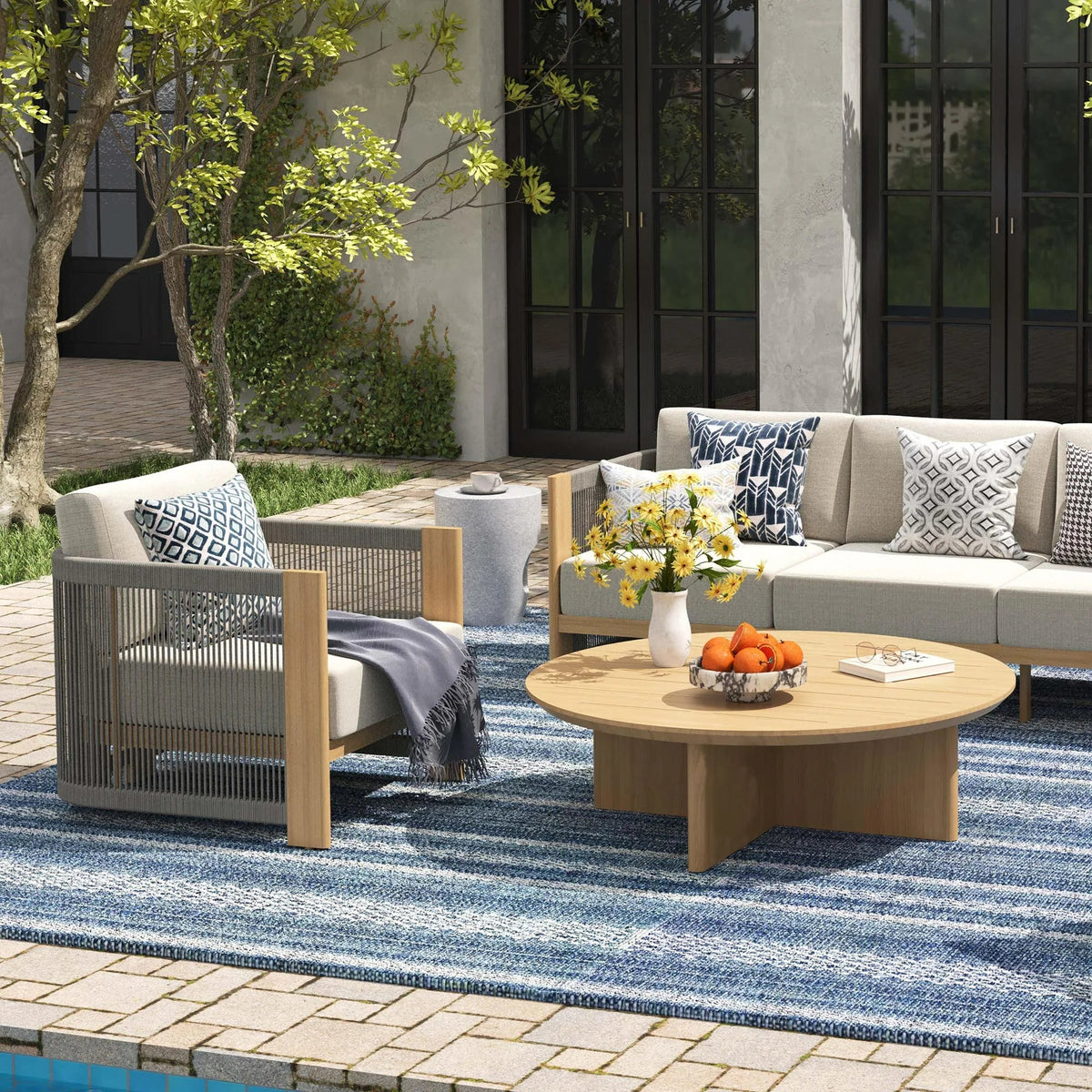 Positano 4-Piece Teak-Finish Olefin Rope Sofa Set with Coffee Table