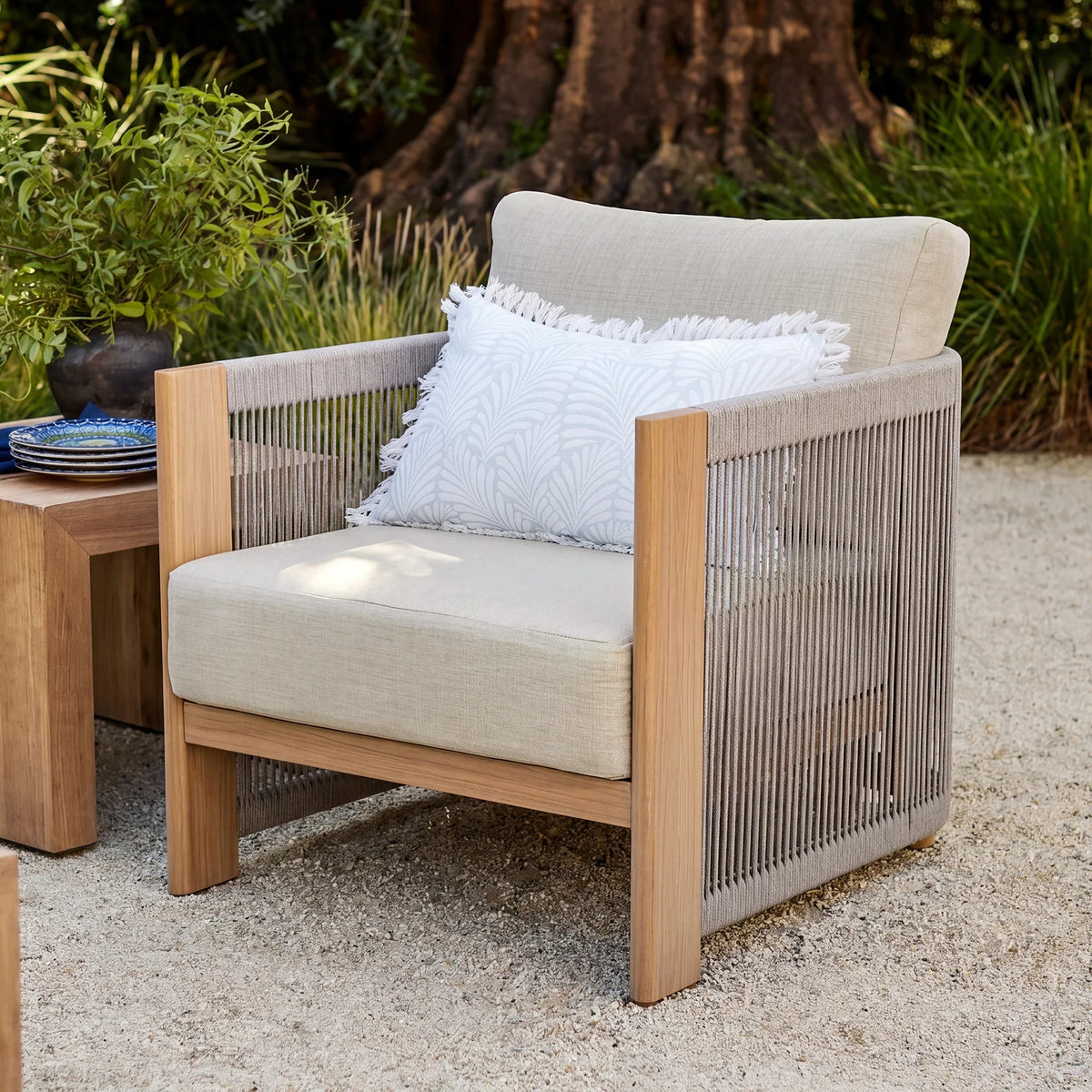 Positano 4-Piece Teak-Finish Olefin Rope Sofa Set with Coffee Table