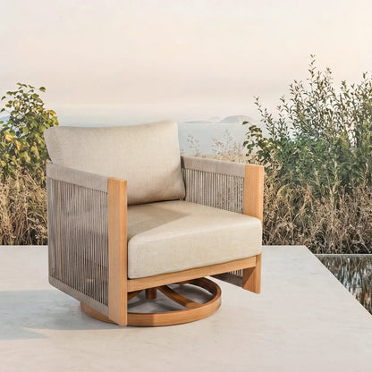 Positano 4-Piece Teak-Finish Olefin Rope Swivel Lounge Set with 52" Table