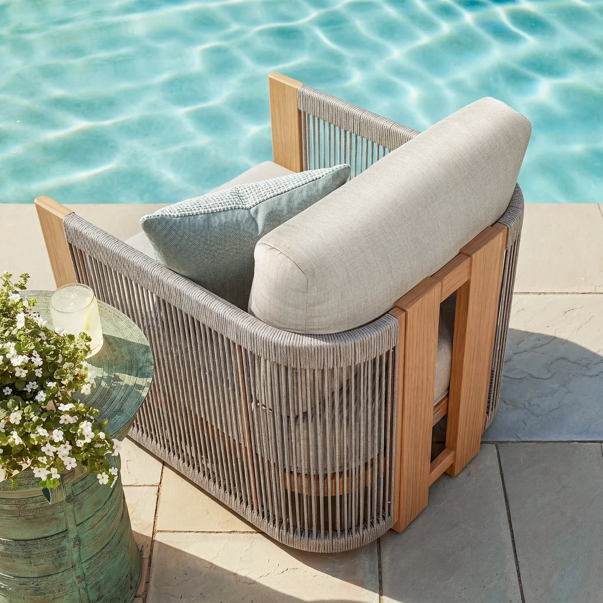 Positano 4-Piece Teak-Finish Olefin Rope Sofa Set with Coffee Table