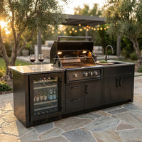 Outdoor Kitchen Island Black Stainless Steel with Sink & 46-Inch 4-Burner 72000 BTU Grill, Wine Cooler, Refrigerator, Rotisserie Kit & Granite Countertops — Studio Shot
