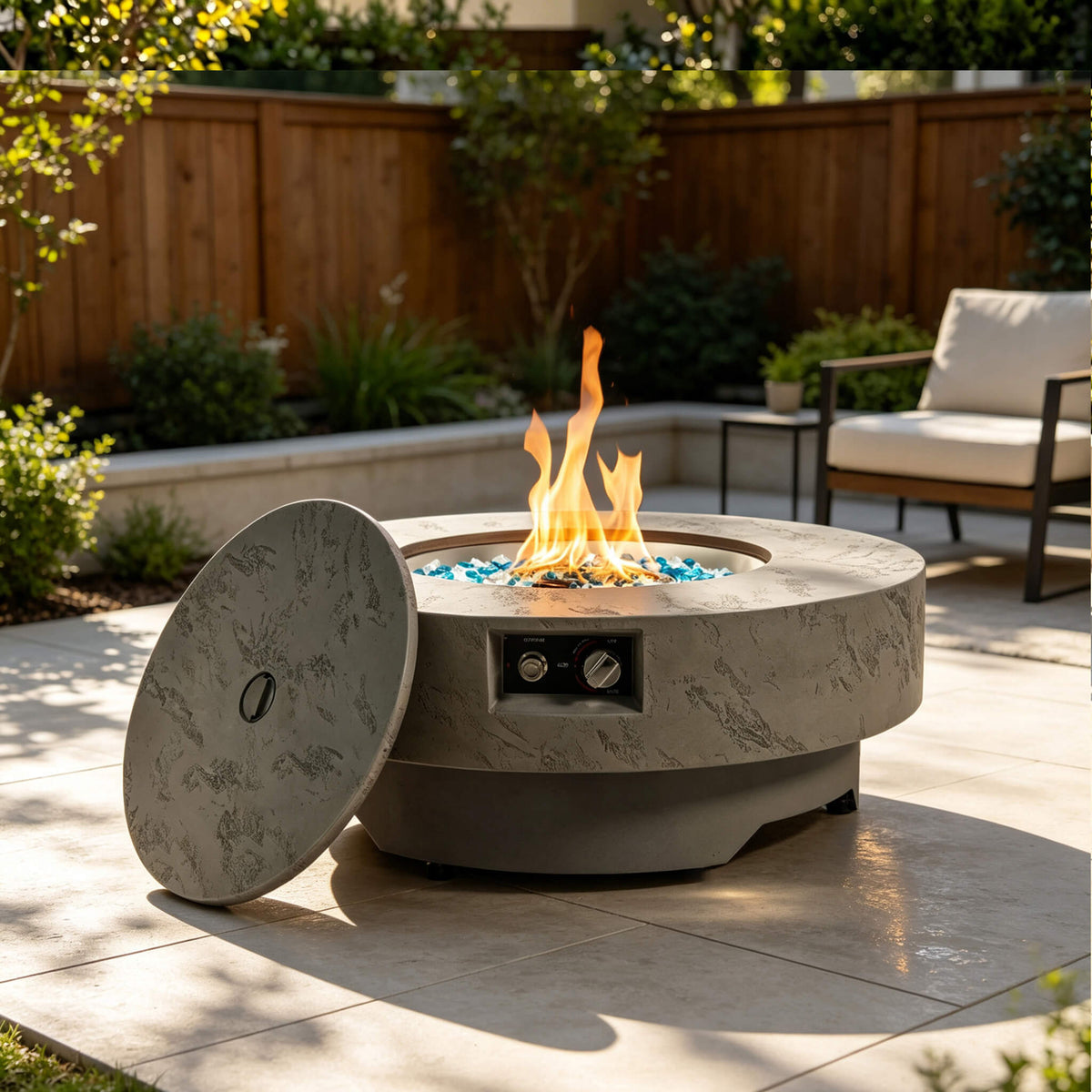 Alora 34" Round Cement-Finish Propane Fire Table with Glass Stones & Burner Cover