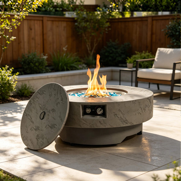 Alora 34" Round Cement-Finish Propane Fire Table with Glass Stones & Burner Cover