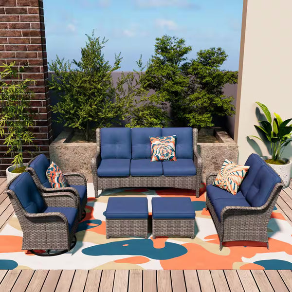 6-Piece Outdoor Patio Conversation Set with Blue Cushions
