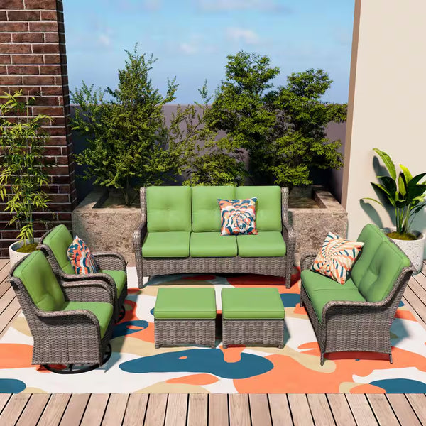 6-Piece Outdoor Patio Conversation Set with Green Cushions