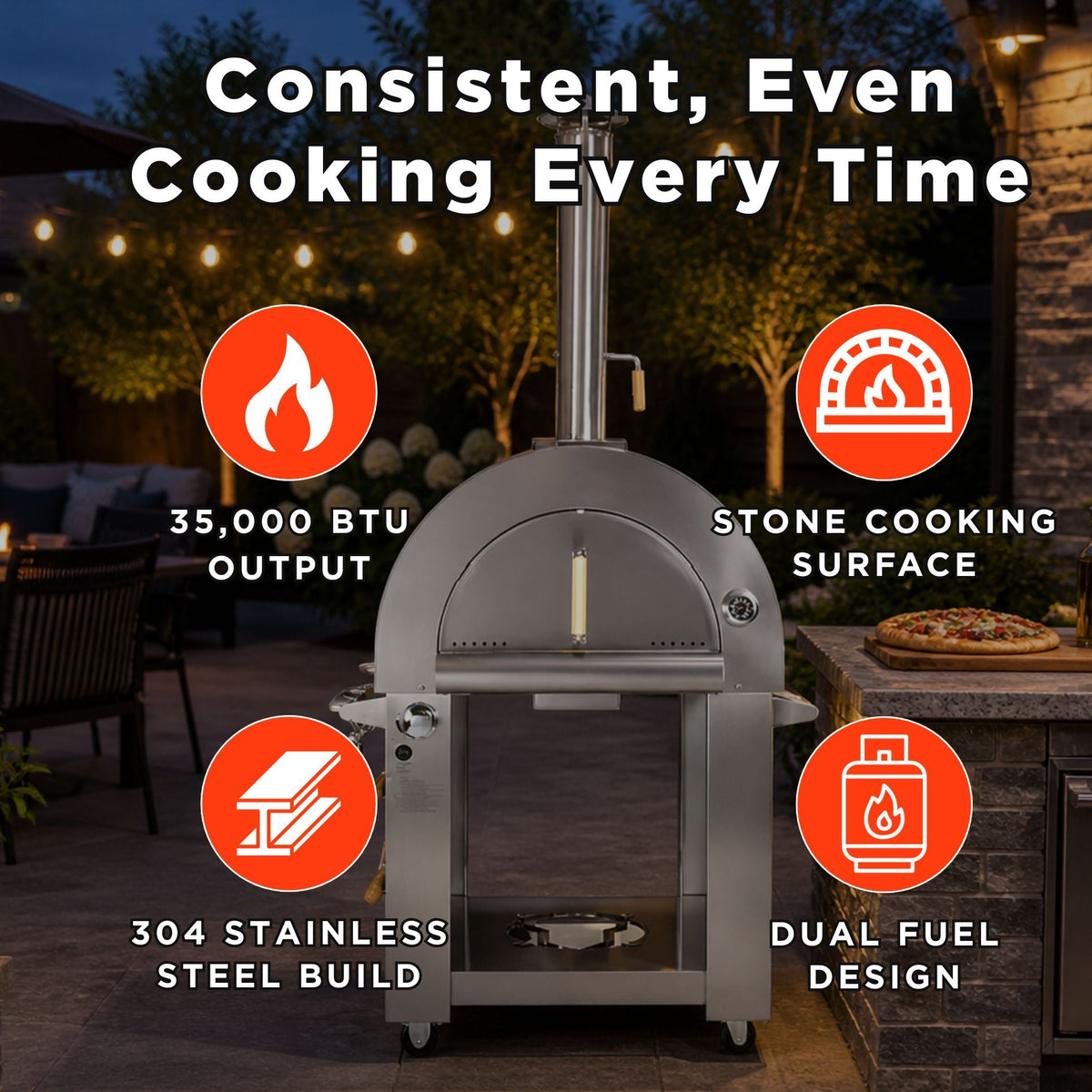 KoKoMo Grills 32" Dual-Fuel Stainless Steel Wood & Gas Pizza Oven with Cart