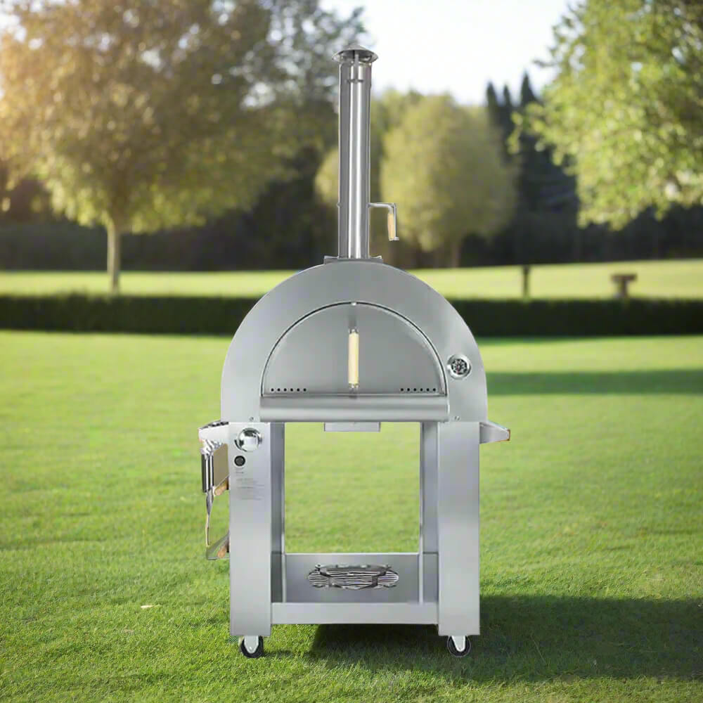 KoKoMo Grills 32" Dual-Fuel Stainless Steel Wood & Gas Pizza Oven with Cart