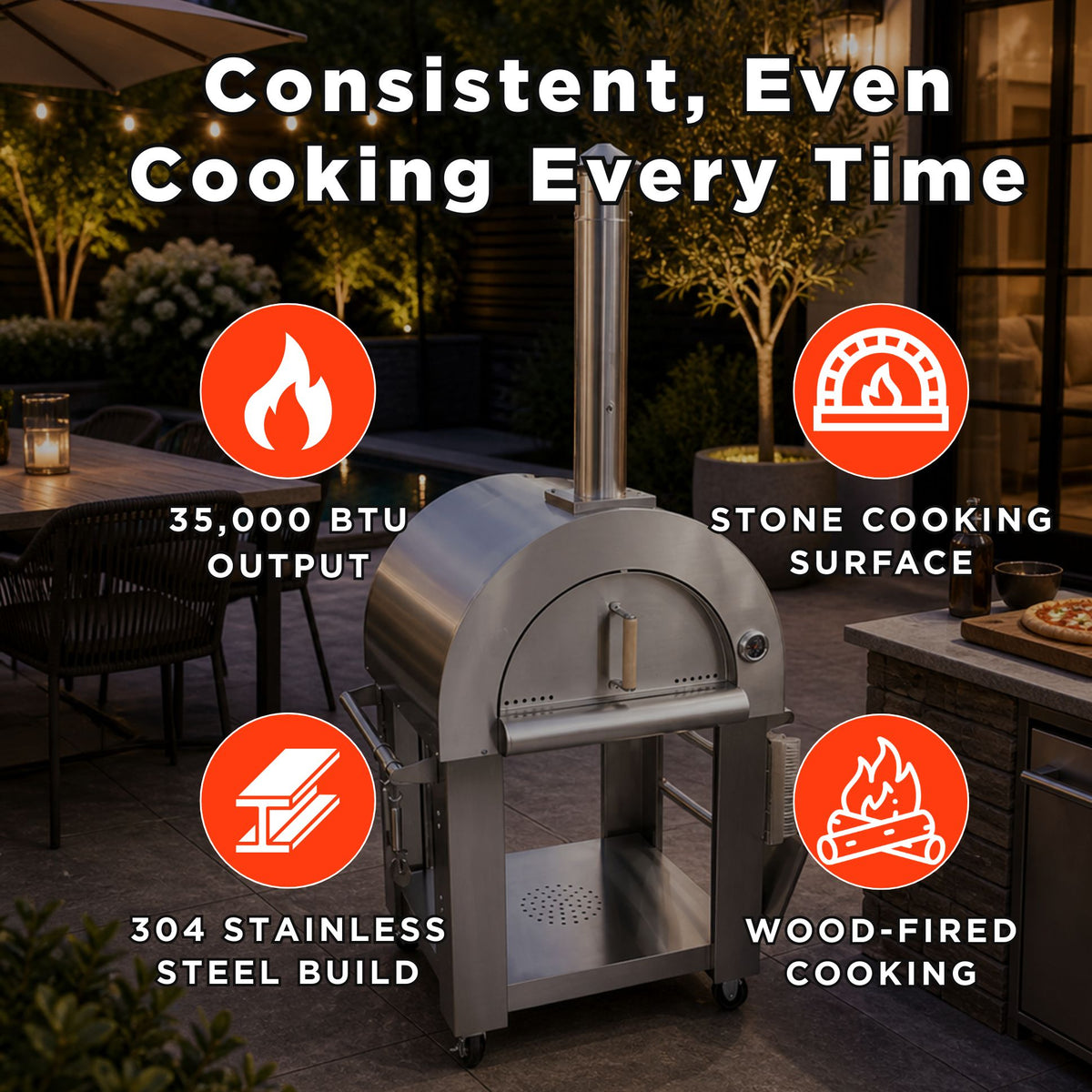 KoKoMo Grills 32" Stainless Steel Wood-Fired Pizza Oven with Cart & Accessory Kit