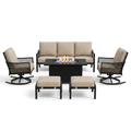 Black Metal Meshed 7 Seat 6-Piece Steel Outdoor Fire Pit Patio Set with Beige Cushions, Black Rectangular Fire Pit Table