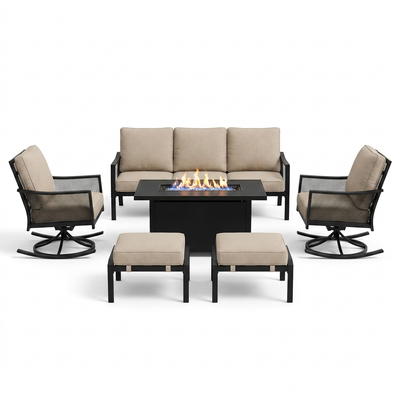 7 Seat 6-Piece Steel Outdoor Fire Pit Patio Set with Beige Cushions