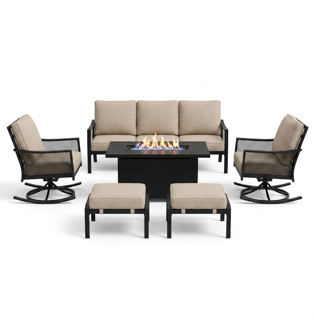 Black Metal Meshed 7 Seat 6-Piece Steel Outdoor Fire Pit Patio Set with Beige Cushions, Black Rectangular Fire Pit Table — Studio Shot