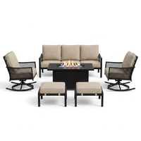 Black Metal Meshed 7 Seat 6-Piece Steel Outdoor Fire Pit Patio Set with Beige Cushions, Black Rectangular Fire Pit Table — Studio Shot