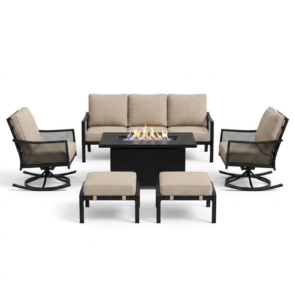 Black Metal Meshed 7 Seat 6-Piece Steel Outdoor Fire Pit Patio Set with Beige Cushions, Black Rectangular Fire Pit Table — Studio Shot