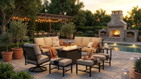 Black Metal Meshed 7 Seat 6-Piece Steel Outdoor Fire Pit Patio Set with Beige Cushions, Black Rectangular Fire Pit Table — Lifestyle