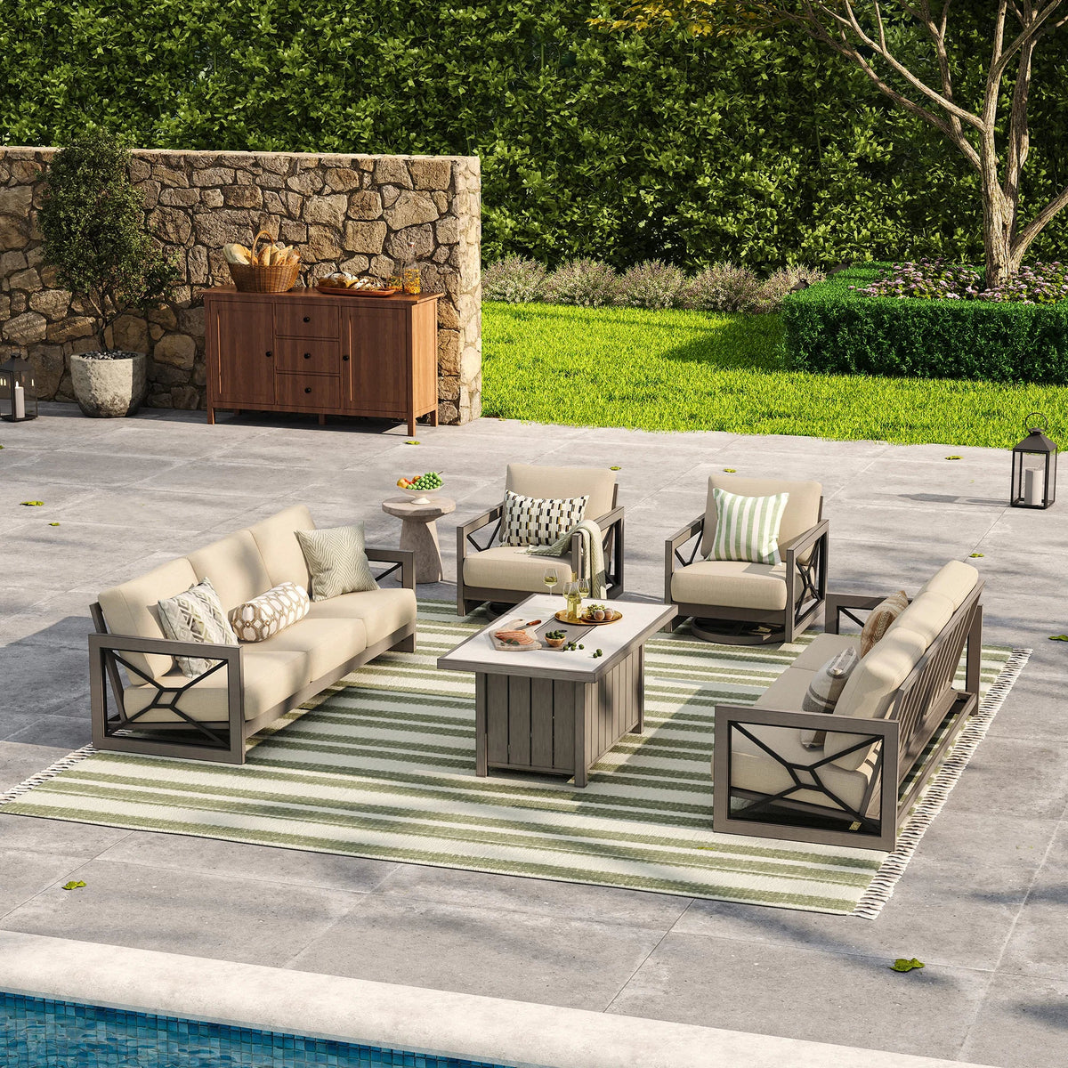 Marindo 8-Person Dual Sofa Fire Faux-Wood Table Set with 50,000 BTU Fire Pit