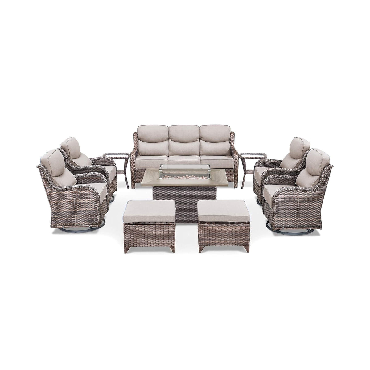 Malibu 10-Piece All-Weather Wicker Seating Set with 50,000 BTU Fire Pit Table