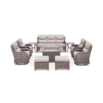 Malibu 10-Piece All-Weather Wicker Seating Set with 50,000 BTU Fire Pit Table