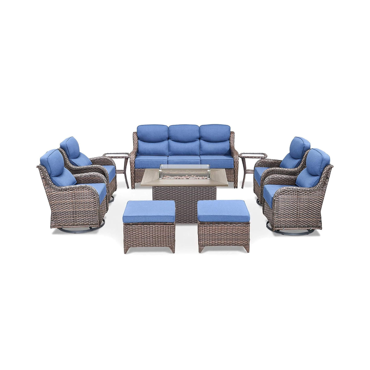 Malibu 10-Piece All-Weather Wicker Seating Set with 50,000 BTU Fire Pit Table