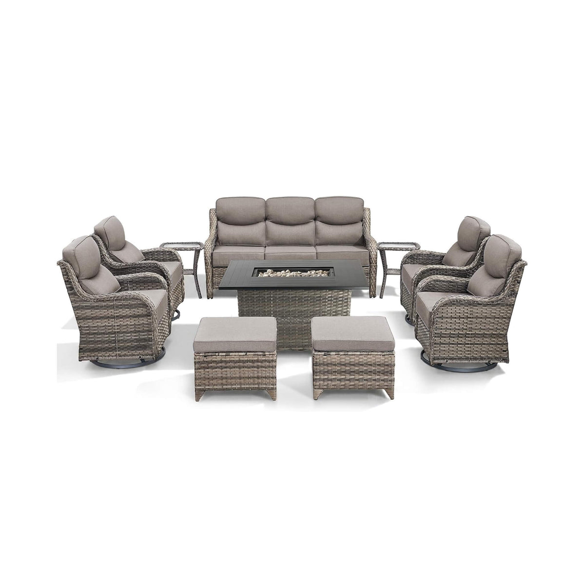 Malibu 10-Piece All-Weather Wicker Seating Set with 50,000 BTU Fire Pit Table