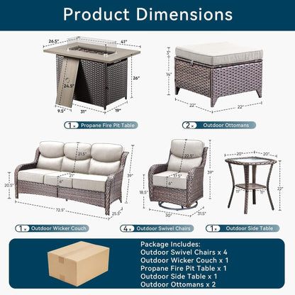 Malibu 10-Piece All-Weather Wicker Seating Set with 50,000 BTU Fire Pit Table