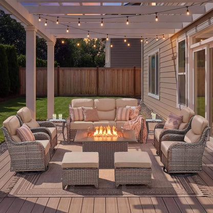 Malibu 10-Piece All-Weather Wicker Seating Set with 50,000 BTU Fire Pit Table