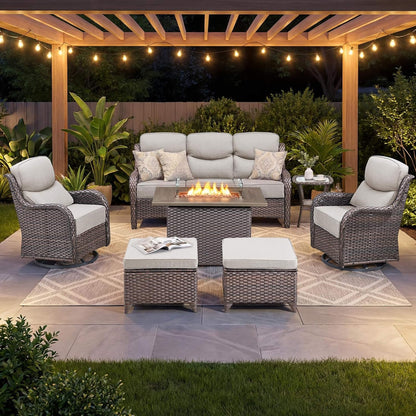 Malibu 7-Piece All-Weather Wicker Seating Set with 50,000 BTU Fire Pit Table