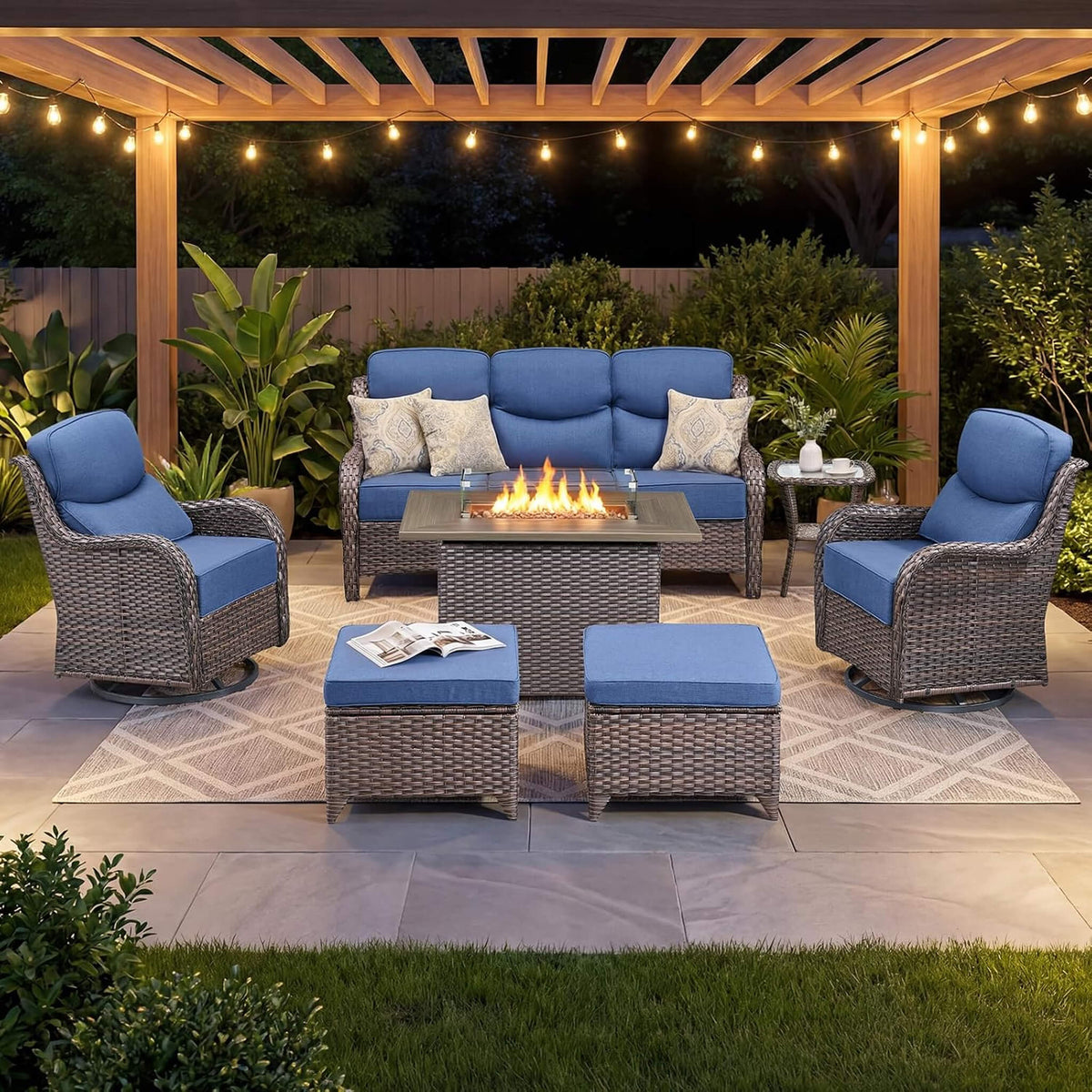 Malibu 7-Piece All-Weather Wicker Seating Set with 50,000 BTU Fire Pit Table