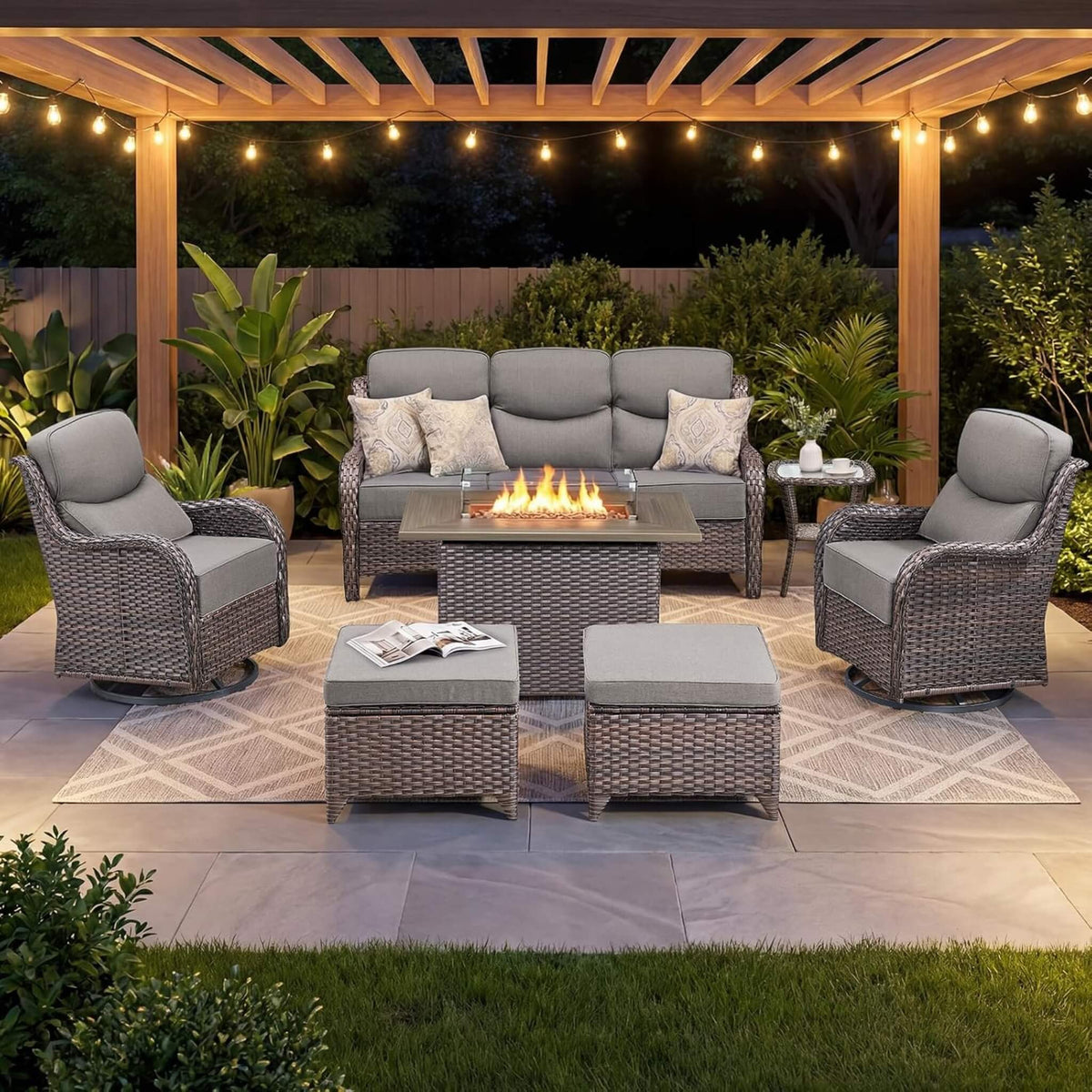 Malibu 7-Piece All-Weather Wicker Seating Set with 50,000 BTU Fire Pit Table