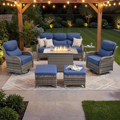 Malibu 7-Piece All-Weather Wicker Seating Set with 50,000 BTU Fire Pit Table