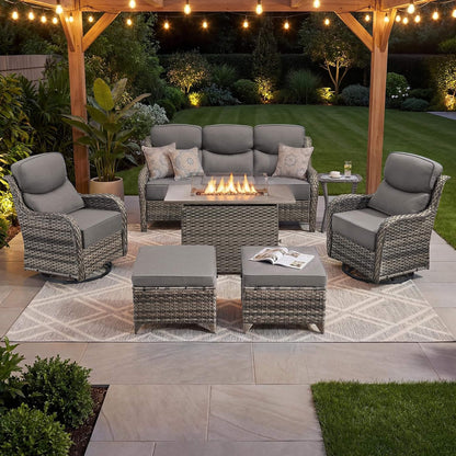 Malibu 7-Piece All-Weather Wicker Seating Set with 50,000 BTU Fire Pit Table