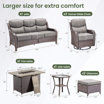Malibu 7-Piece All-Weather Wicker Seating Set with 50,000 BTU Fire Pit Table