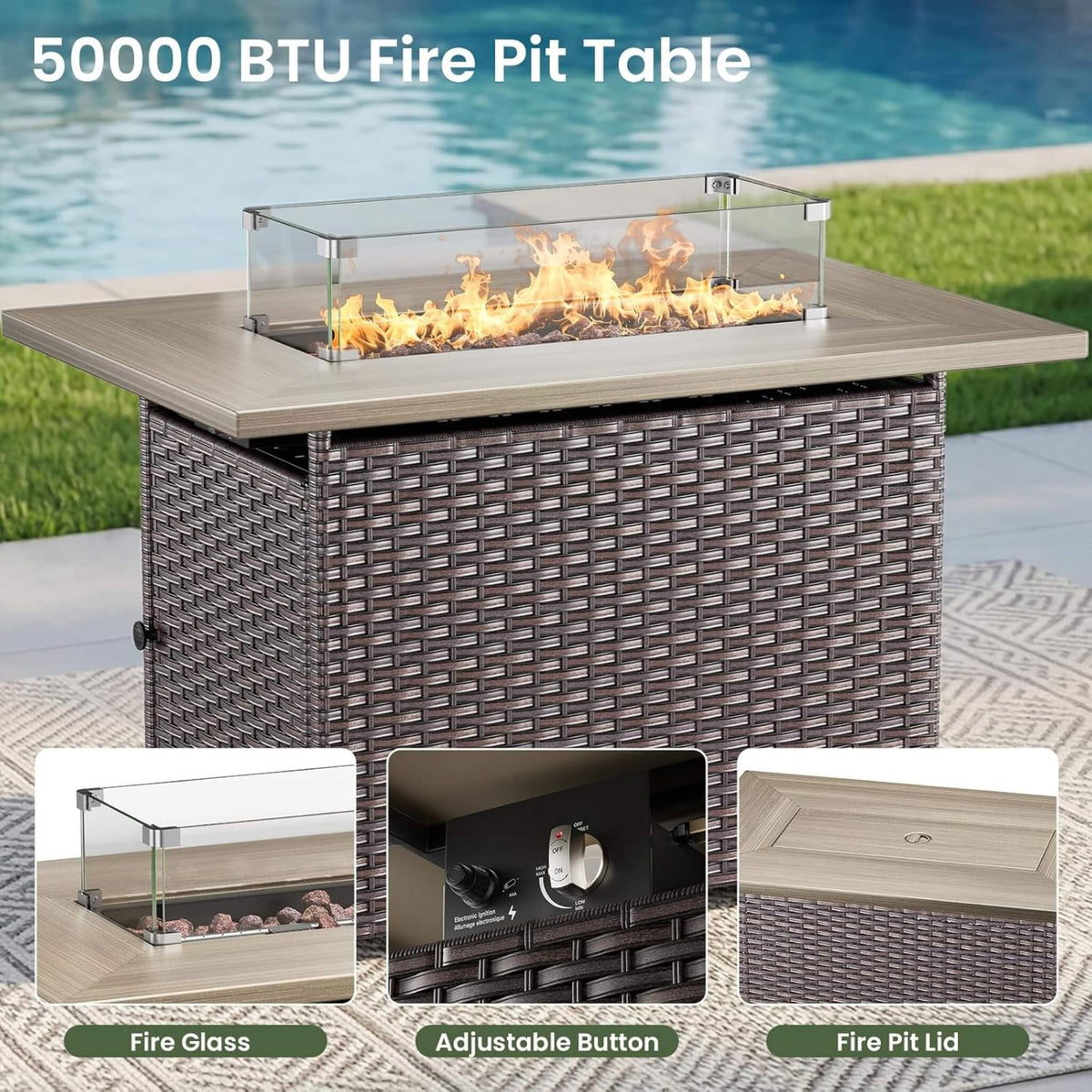 Malibu 7-Piece All-Weather Wicker Seating Set with 50,000 BTU Fire Pit Table