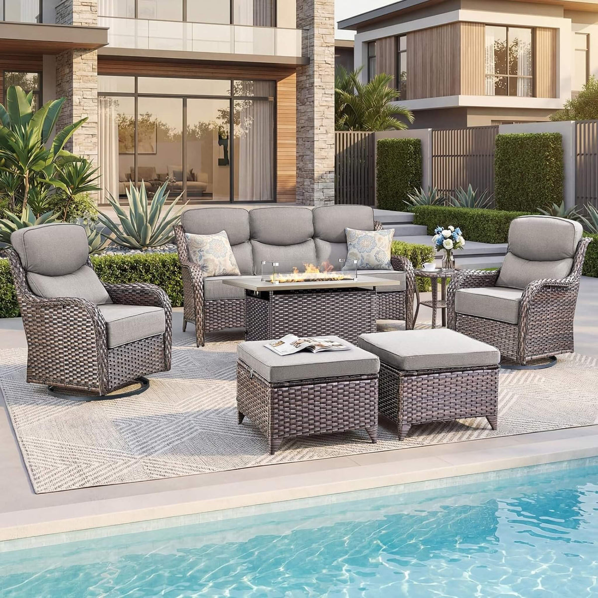 Malibu 7-Piece All-Weather Wicker Seating Set with 50,000 BTU Fire Pit Table