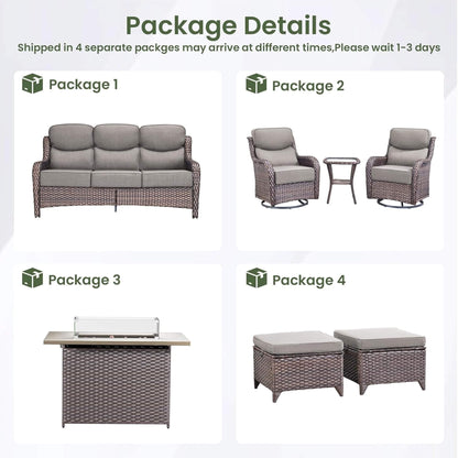 Malibu 7-Piece All-Weather Wicker Seating Set with 50,000 BTU Fire Pit Table