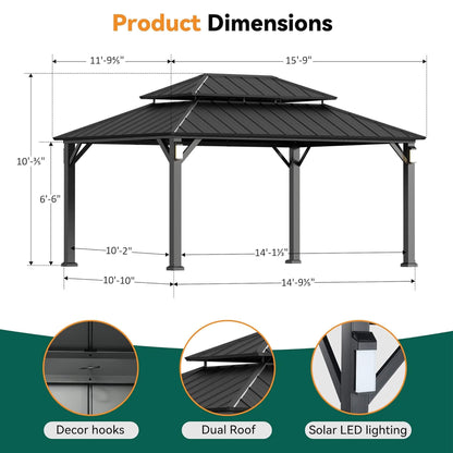 Napa Hardtop Aluminum Gazebo with Solar LED Lighting & Double Steel Roof